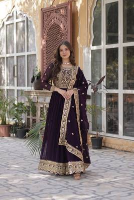 Wine color faux georgette heavy zari and sequins bridesmaid gown with dupatta 1