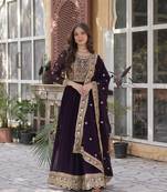 Wine color faux georgette fabric heavy zari and sequins work bridesmaid gown with dupatta