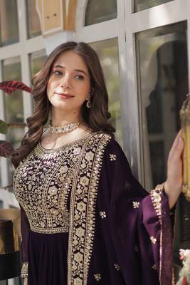 Wine color faux georgette heavy zari and sequins bridesmaid gown with dupatta 4