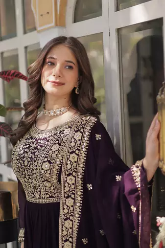 Wine color faux georgette heavy zari and sequins bridesmaid gown with dupatta