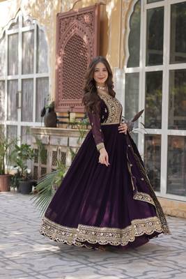Wine color faux georgette heavy zari and sequins bridesmaid gown with dupatta 5