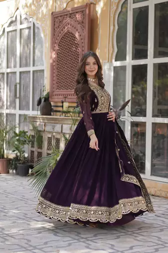 Wine color faux georgette heavy zari and sequins bridesmaid gown with dupatta