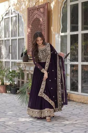 Wine color faux georgette heavy zari and sequins bridesmaid gown with dupatta