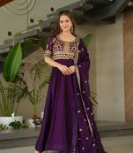 Purple color vichitra silk fabric designer zari work partywear gown with dupatta