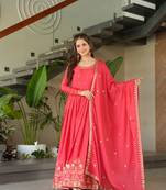 Peach color chinon fabric designer embroidery gown with dupatta