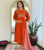 Orange color viscose silk fabric designer embroidery work kurta set