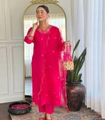 Pink color viscose chanderi fabric designer embroidery work kurta set