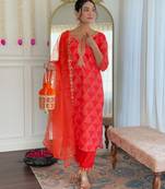 Orange color french crepe fabric designer embroidery work kurta set