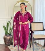 Purple color cp vichitra fabric designer embroidery work kurta set