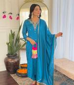 Blue color cp vichitra fabric designer embroidery work kurta set