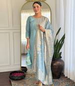 Grey color viscose chanderi fabric designer embroidery work kurta set