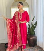 Pink color viscose chanderi fabric designer embroidery work kurta set