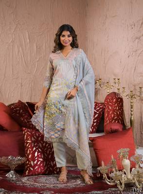 Grey color organza fabric embroidery work ethnic partywear kurta set 1