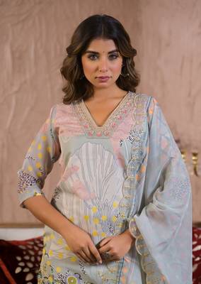 Grey color organza fabric embroidery work ethnic partywear kurta set 4