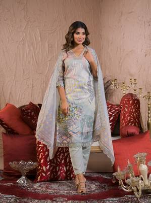 Grey color organza fabric embroidery work ethnic partywear kurta set 6