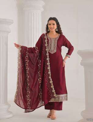 Maroon color vichitra silk fabric embroidery work ethnic partywear kurta set 1
