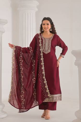 Maroon color vichitra silk fabric designer embroidery work ethnic partywear kurta set