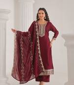 Maroon color vichitra silk fabric designer embroidery work ethnic partywear kurta set