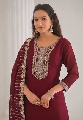 Maroon color vichitra silk fabric embroidery work ethnic partywear kurta set 4
