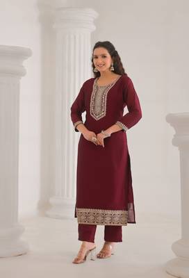Maroon color vichitra silk fabric embroidery work ethnic partywear kurta set 5