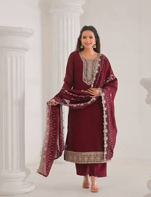 Maroon color vichitra silk fabric embroidery work ethnic partywear kurta set 6