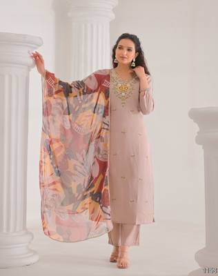 Brown color chanderi silk fabric embroidery work ethnic partywear kurta set 1