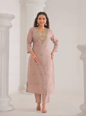 Brown color chanderi silk fabric embroidery work ethnic partywear kurta set 5