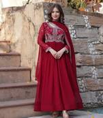 Maroon color faux georgette fabric designer ceremonial wear bridesmaid gown with dupatta