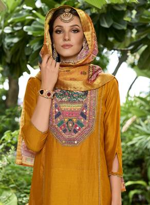 Yellow color vichitra silk fabric beautiful ceremonial partywear salwar suit 2