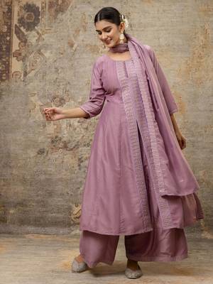 Lavender color silk blend fabric designer embroidery work ethnic partywear palazzo dress 1