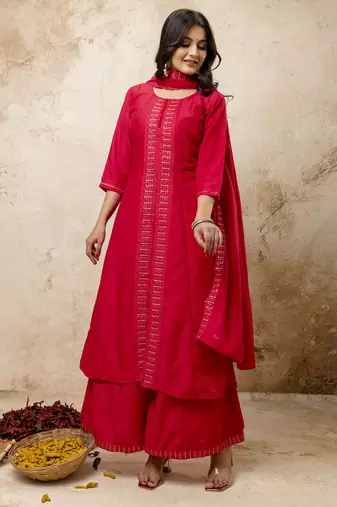 Pink color silk blend embroidery partywear palazzo dress