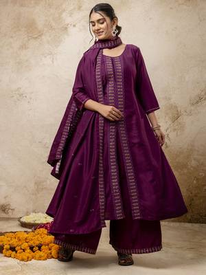 Purple color silk blend embroidery partywear palazzo dress 1