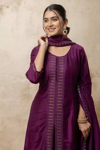 Purple color silk blend embroidery partywear palazzo dress