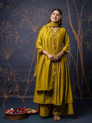 Mustard color silk blend fabric embroidery work ethnic partywear palazzo dress 1