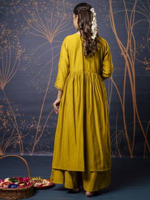 Mustard color silk blend fabric embroidery work ethnic partywear palazzo dress 2