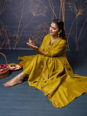 Mustard color silk blend fabric embroidery work ethnic partywear palazzo dress 3