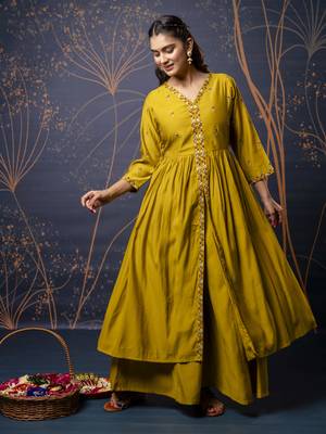 Mustard color silk blend fabric embroidery work ethnic partywear palazzo dress 4