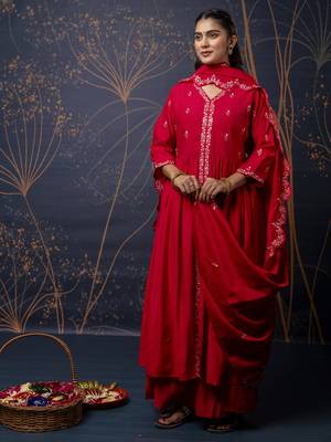 Pink color silk blend fabric embroidery work ethnic partywear palazzo dress 1
