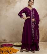 Purple color silk blend fabric designer embroidery work ethnic partywear palazzo dress