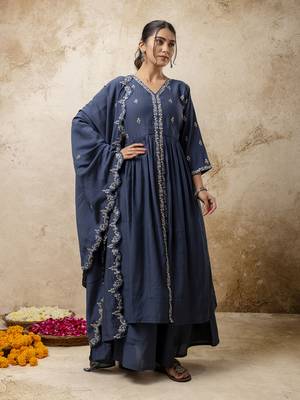 Teal blue color silk blend embroidery partywear palazzo dress 1