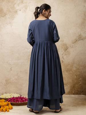 Teal blue color silk blend embroidery partywear palazzo dress 2