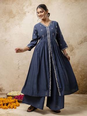 Teal blue color silk blend embroidery partywear palazzo dress 4