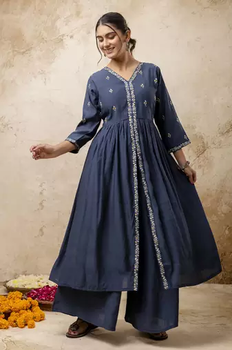 Teal blue color silk blend embroidery partywear palazzo dress