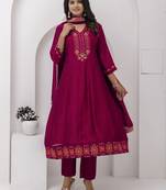 Cherry color ethnic vichitra silk fabric floral embroidery kurta set with dupatta
