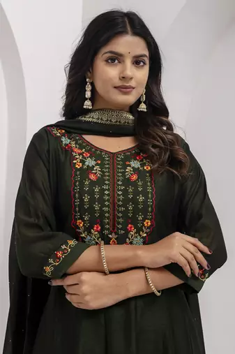 Green color vichitra silk floral embroidery kurta set with dupatta