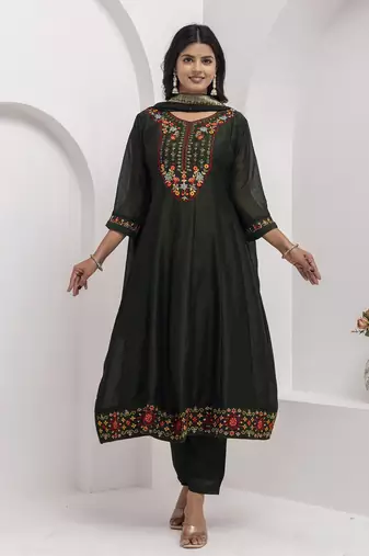 Green color vichitra silk floral embroidery kurta set with dupatta