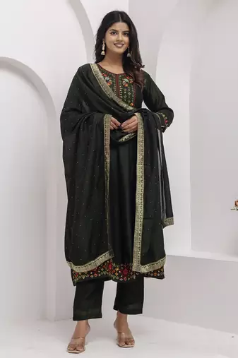 Green color vichitra silk floral embroidery kurta set with dupatta