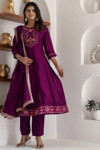Purple color ethnic vichitra silk fabric floral embroidery kurta set with dupatta