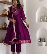 Purple color ethnic vichitra silk fabric floral embroidery kurta set with dupatta
