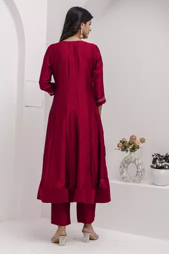 Red color vichitra silk floral embroidery kurta set with dupatta